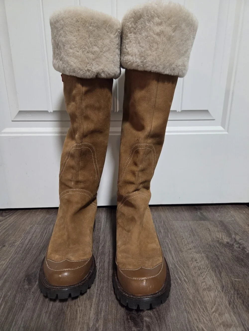 Hunter Suede Shearling Knew High Chunky Sole Boot